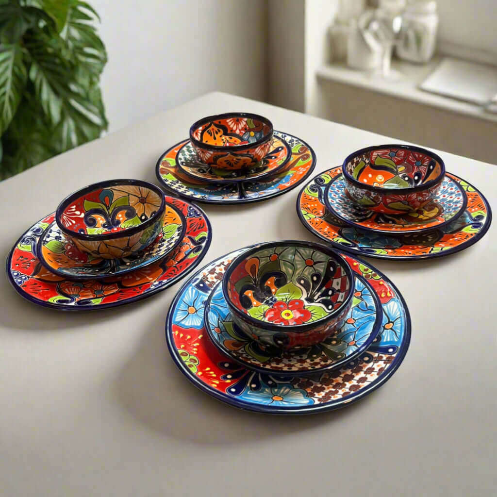 12-Piece Talavera Dinnerware Set Mexican Ceramic Plates & Bowls - - Talavera Dinnerware Set