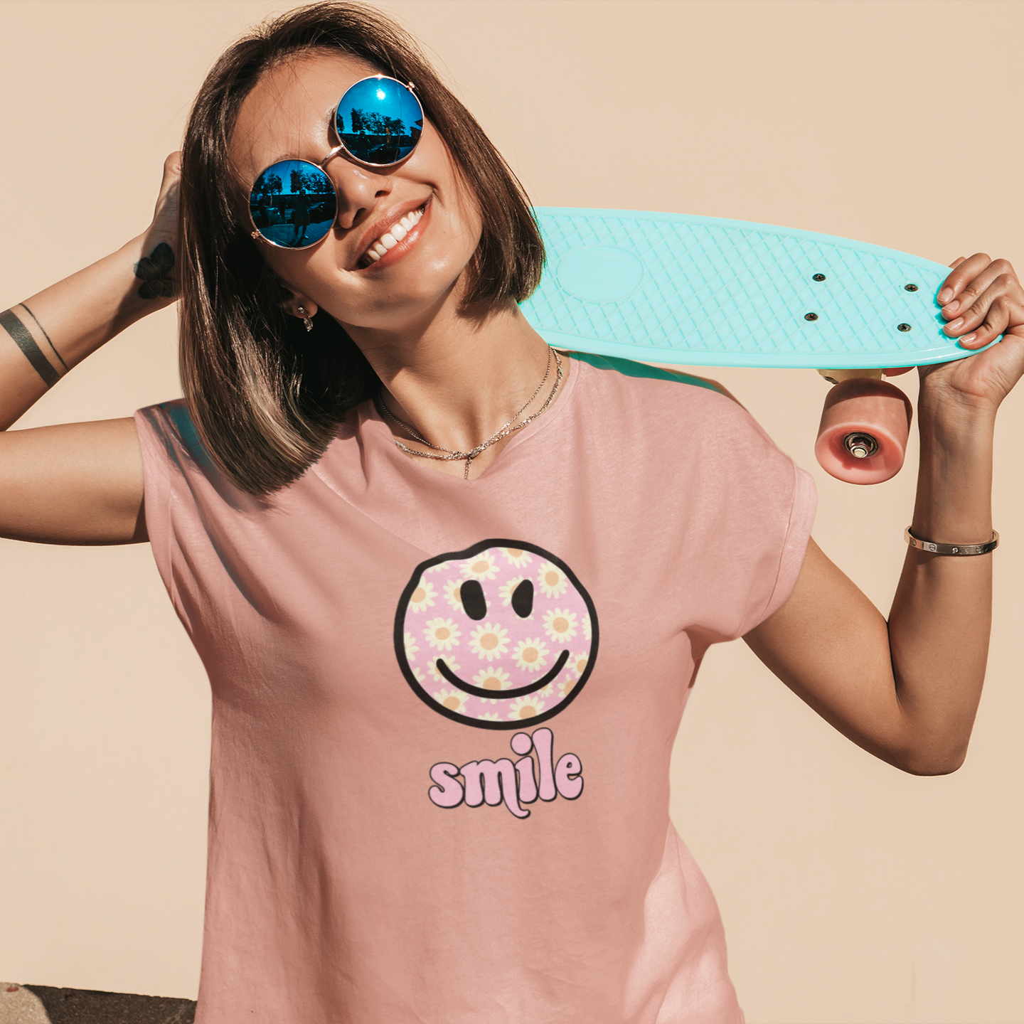 Smile Floral Womens T-Shirt - Positive Vibes Tee- Cloud 16 Clothing Co.- {{Product type}}