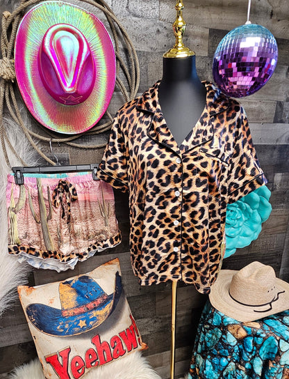 Baha Ranch Retro Pop Western Leopard Desert Cowgirl Satin Pajamas Howdy - - Pajama Sets