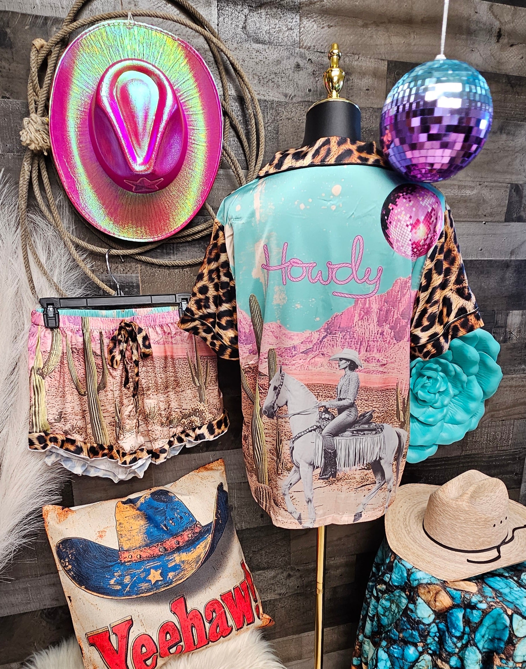 Baha Ranch Retro Pop Western Leopard Desert Cowgirl Satin Pajamas Howdy - - Pajama Sets