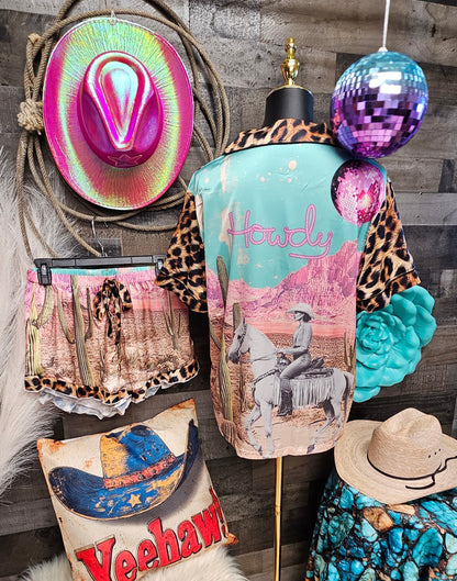 Baha Ranch Retro Pop Western Leopard Desert Cowgirl Satin Pajamas Howdy - - Pajama Sets