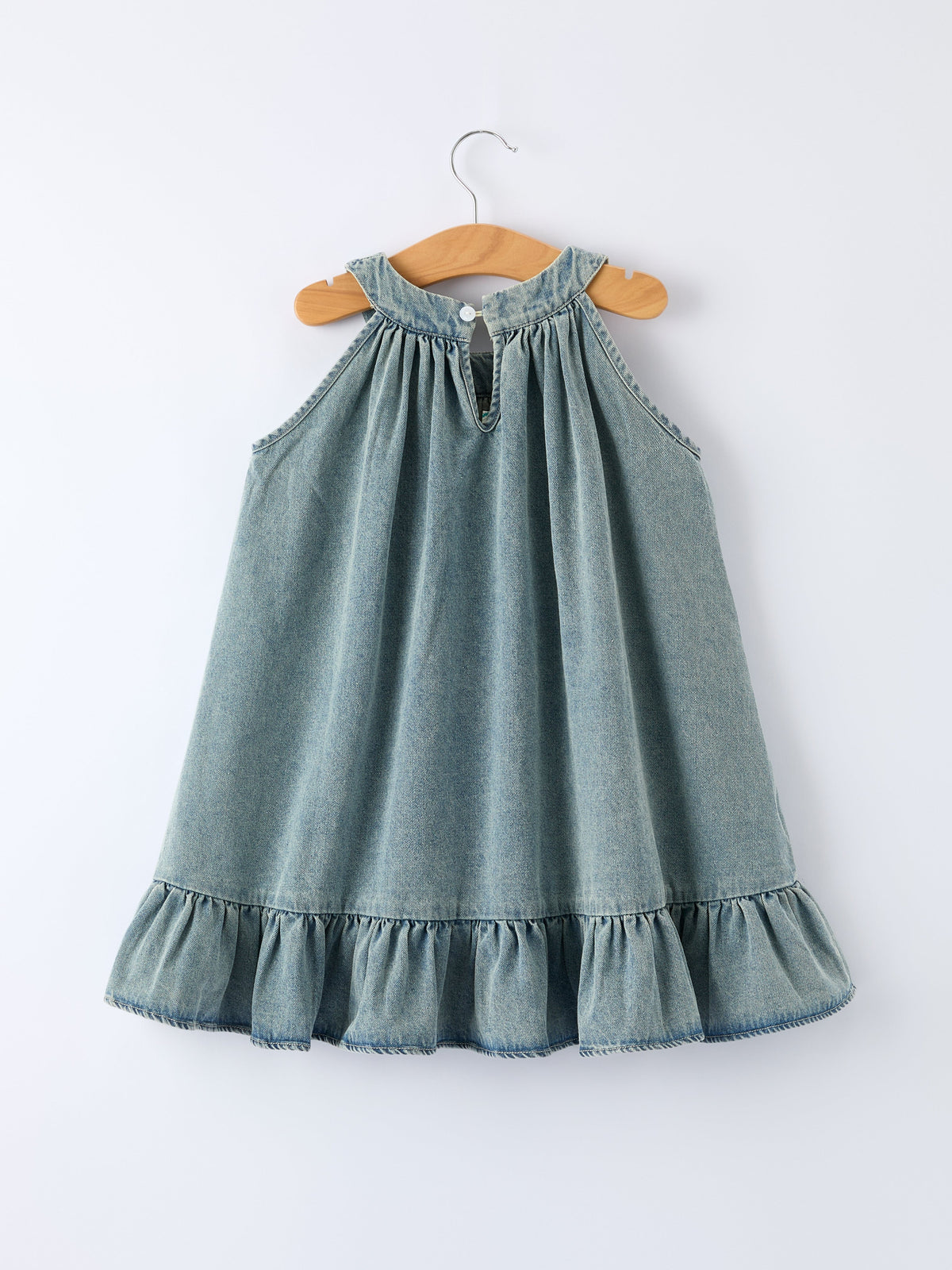 Girls Denim Ruffle Trim A-Line Dress - - Dress