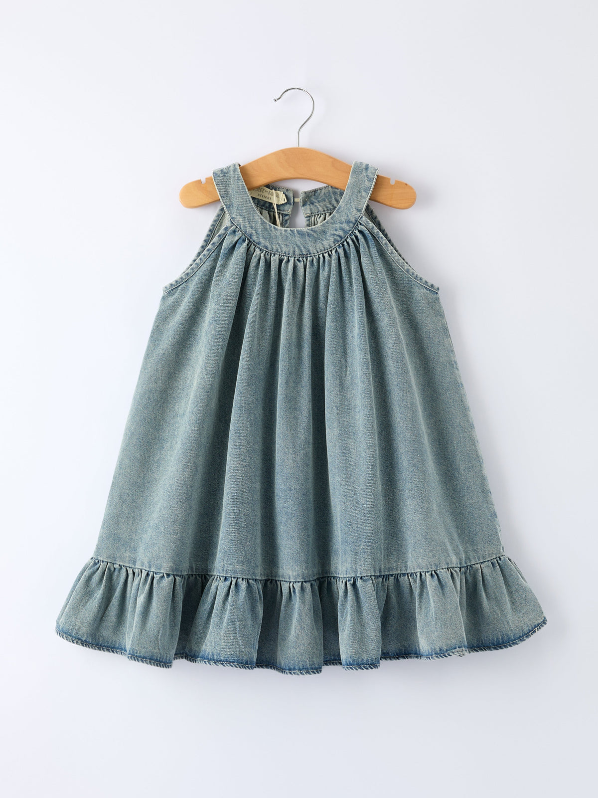 Girls Denim Ruffle Trim A-Line Dress - Light Blue - Dress