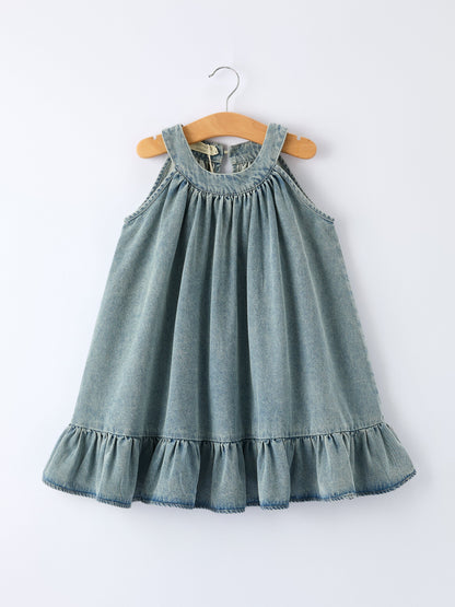 Girls Denim Ruffle Trim A-Line Dress - Light Blue - Dress