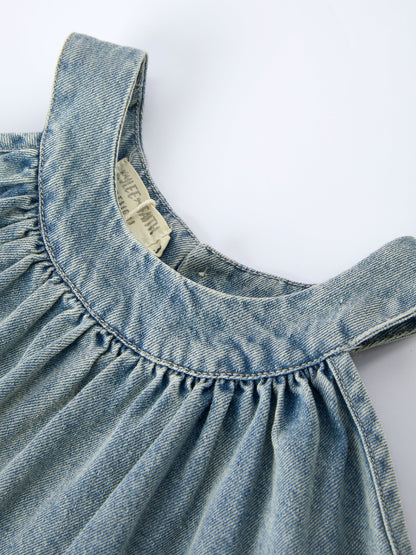 Girls Denim Ruffle Trim A-Line Dress - - Dress