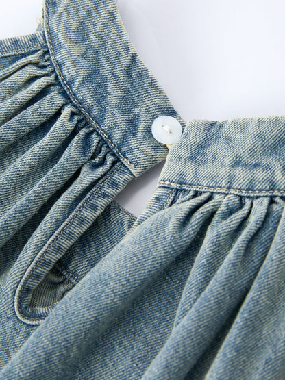 Girls Denim Ruffle Trim A-Line Dress - - Dress