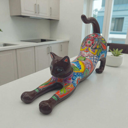 Talavera Stretching Cat Figurine Multicolor Mexican Art - - Talavera Statue