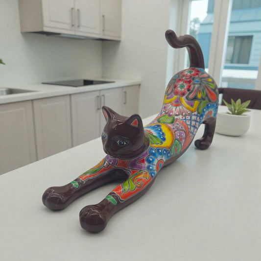 Talavera Stretching Cat Figurine Multicolor Mexican Art - - Talavera Statue