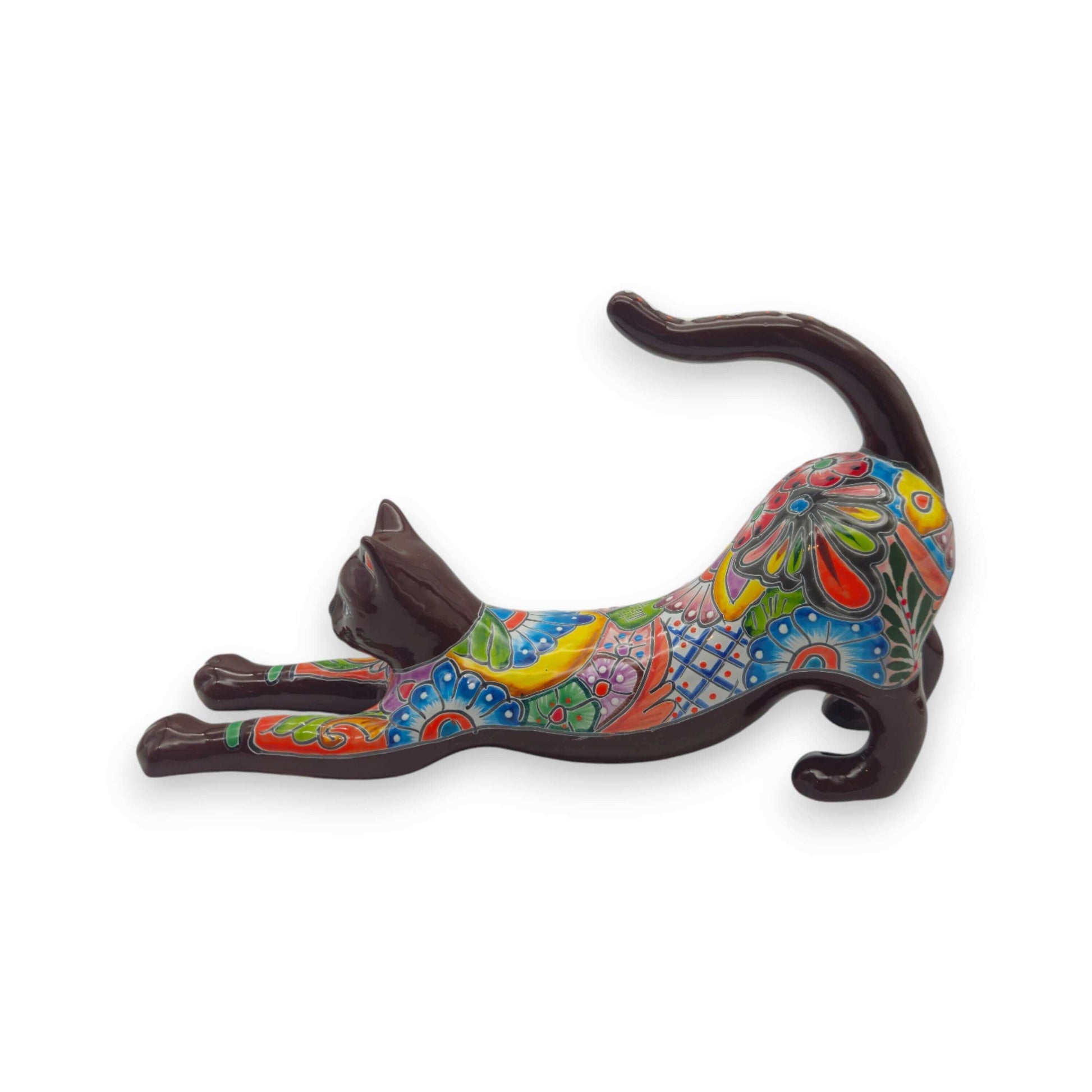 Talavera Stretching Cat Figurine Multicolor Mexican Art - - Talavera Statue