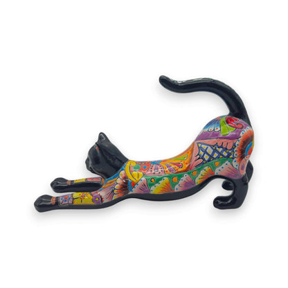Talavera Stretching Cat Figurine Multicolor Mexican Art - - Talavera Statue