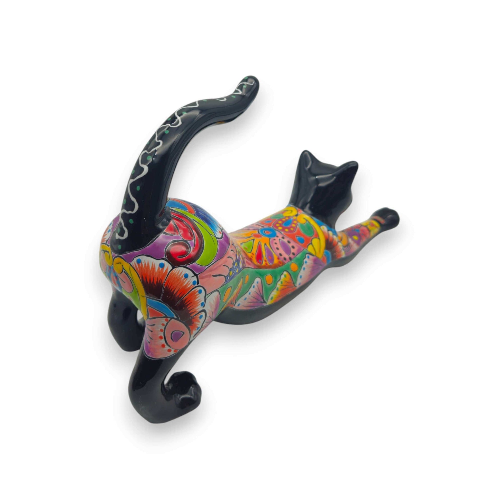 Talavera Stretching Cat Figurine Multicolor Mexican Art - - Talavera Statue