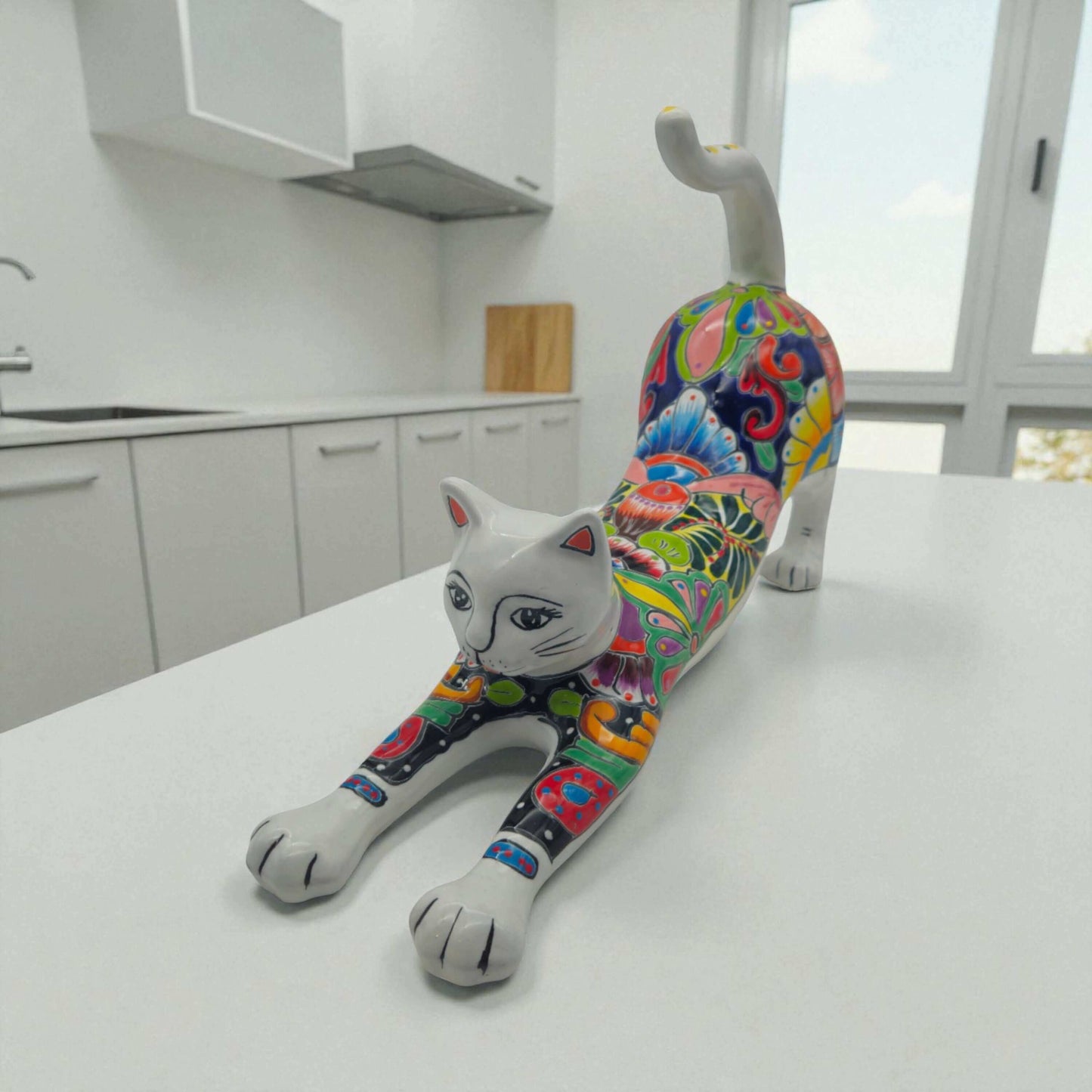 Talavera Stretching Cat Figurine Multicolor Mexican Art - - Talavera Statue