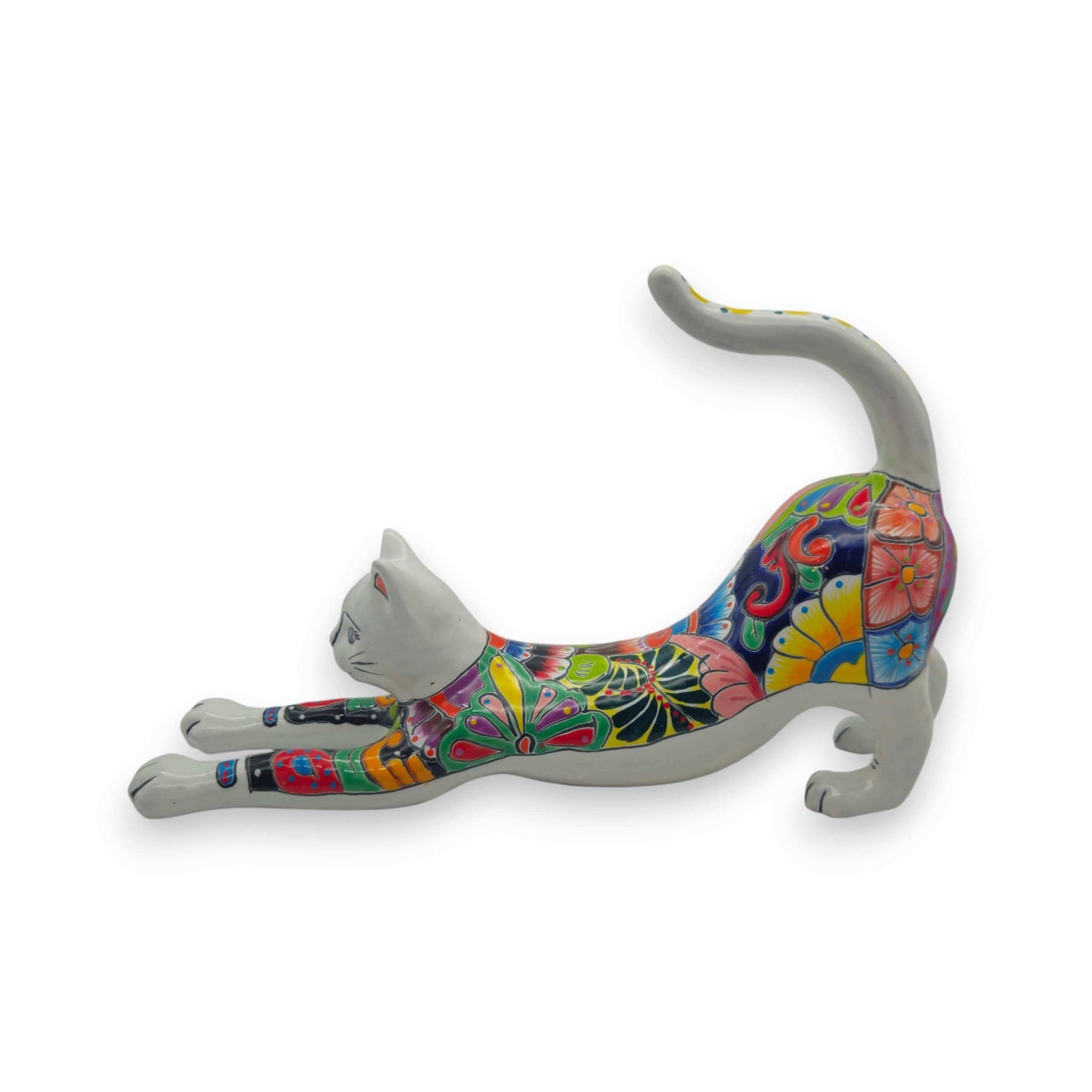 Talavera Stretching Cat Figurine Multicolor Mexican Art - - Talavera Statue