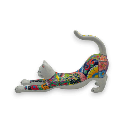 Talavera Stretching Cat Figurine Multicolor Mexican Art - - Talavera Statue