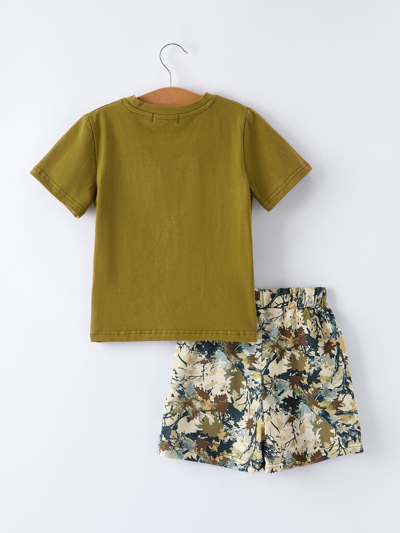 Duck Embroidery Boys Set Green Tee and Camo Shorts - - Outfit
