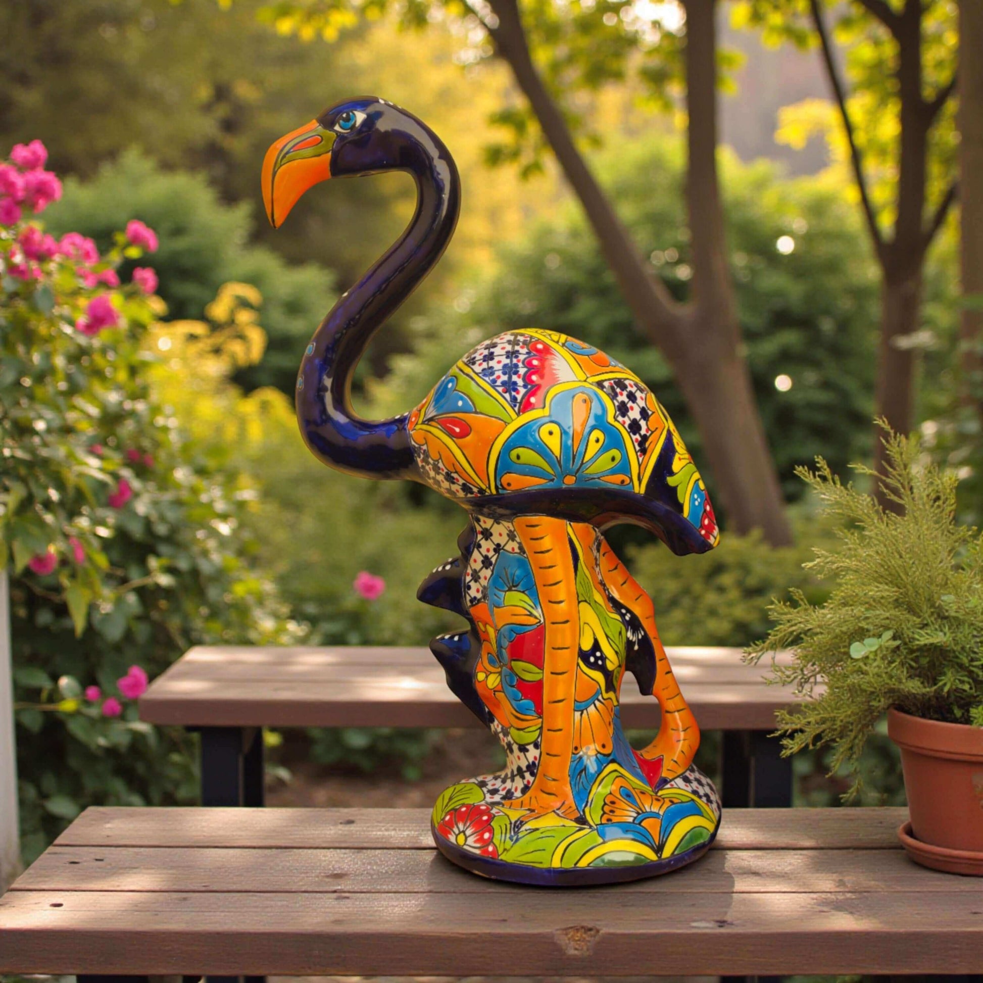 Talavera Flamingo Statue Hand-Painted Mexican Ceramic Bird Art - - Talavera Statue