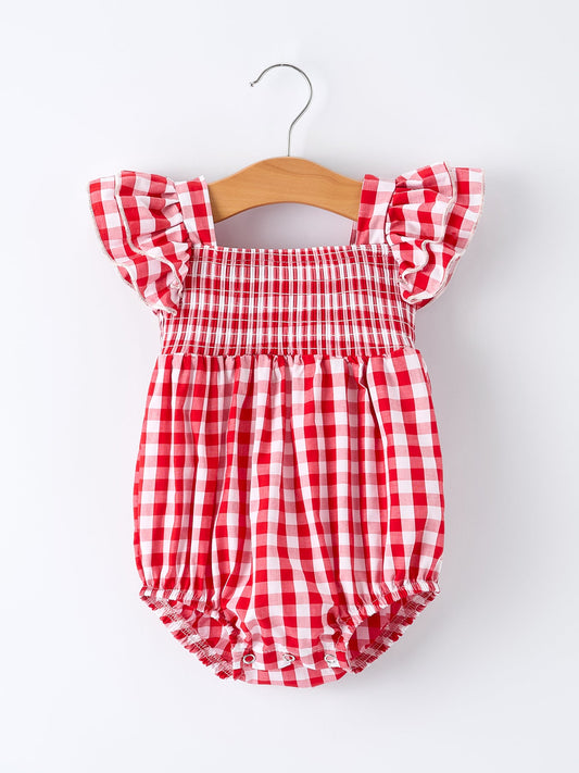 Summer Plaid Smocked Ruffle Girl Romper Sibling Outfits - - Romper