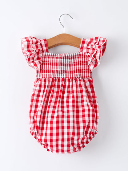 Summer Plaid Smocked Ruffle Girl Romper Sibling Outfits - - Romper