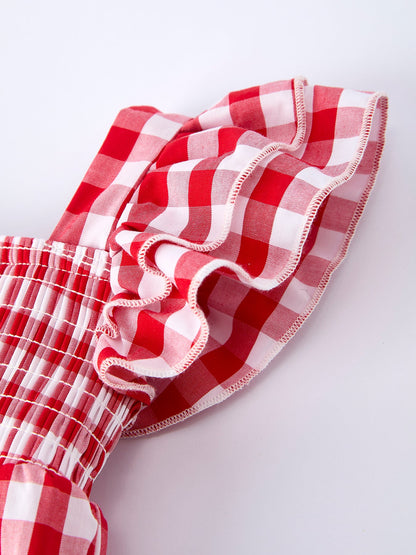 Summer Plaid Smocked Ruffle Girl Romper Sibling Outfits - - Romper