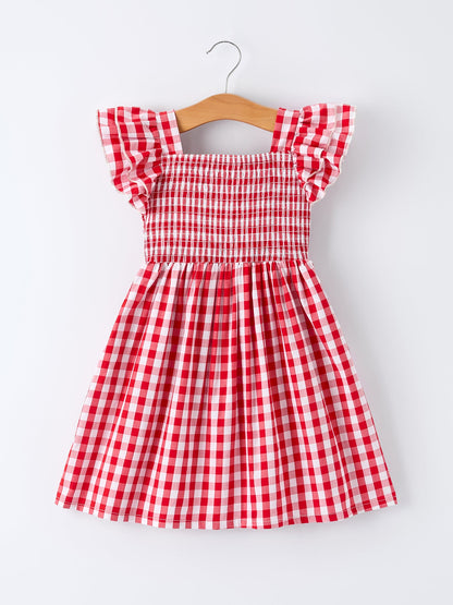 Summer Plaid Smocked Ruffle Girl Dress Sibling Outfits - - Dress