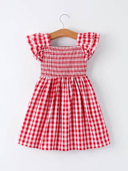 Summer Plaid Smocked Ruffle Girl Dress Sibling Outfits - - Dress