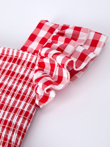 Summer Plaid Smocked Ruffle Girl Dress Sibling Outfits - - Dress