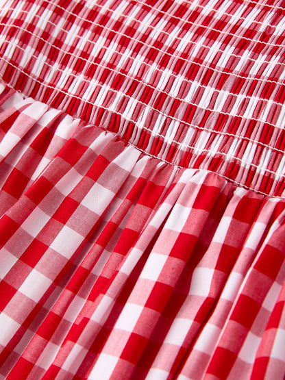 Summer Plaid Smocked Ruffle Girl Dress Sibling Outfits - - Dress