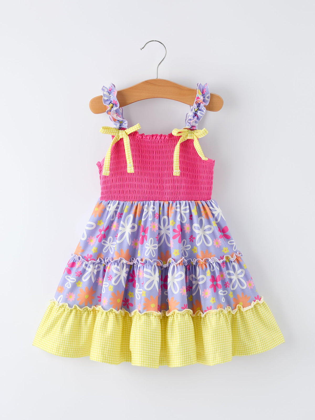 Summer Floral Girls Bow Ruffle Smocked Dress - - Dress