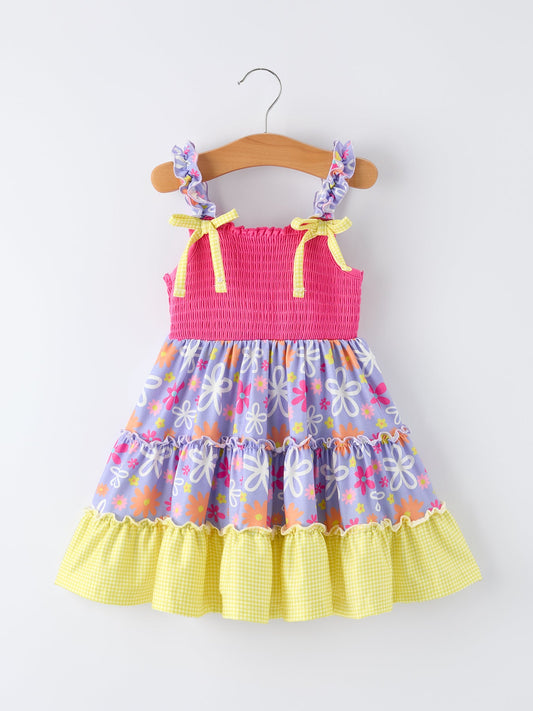 Summer Floral Girls Bow Ruffle Smocked Dress - - Dress