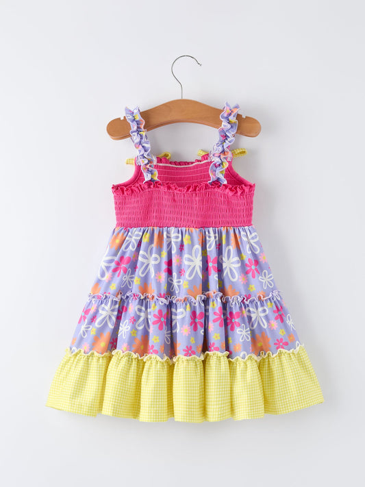 Summer Floral Girls Bow Ruffle Smocked Dress - - Dress