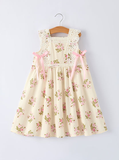 Lace-trimmed Bow Girls' Dress-Pink/Blue - Pink - Dress