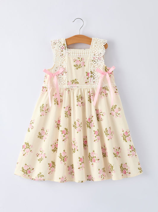 Lace-trimmed Bow Girls' Dress-Pink/Blue - Pink - Dress