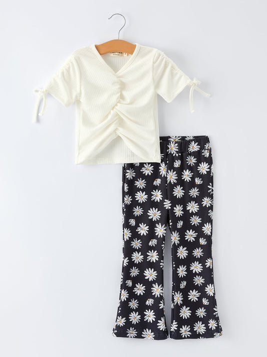Girls' Spring Daisy Set Ruched Tie Sleeve - - Outfit