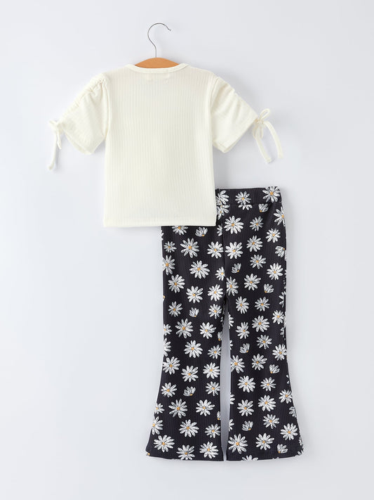 Girls' Spring Daisy Set Ruched Tie Sleeve - - Outfit