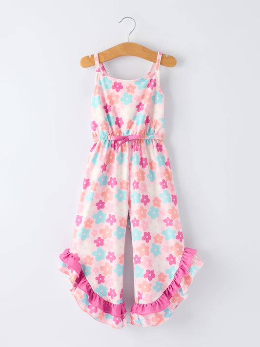 Girl Colorful Floral Ruffle Sling Flared Jumpsuit - - Jumpsuit