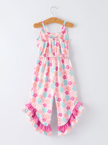 Girl Colorful Floral Ruffle Sling Flared Jumpsuit - - Jumpsuit