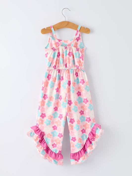 Girl Colorful Floral Ruffle Sling Flared Jumpsuit - - Jumpsuit