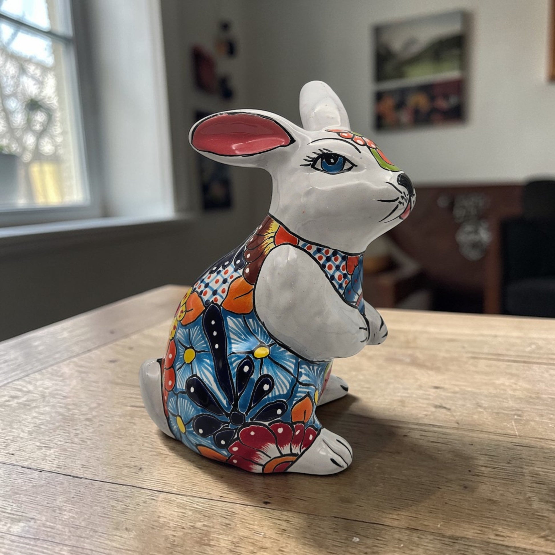 Talavera Bunny Statue Colorful Hand-Painted Mexican Rabbit Decor - - Talavera Statue
