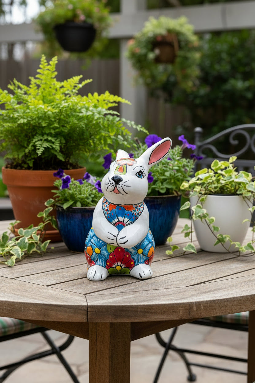 Talavera Bunny Statue Colorful Hand-Painted Mexican Rabbit Decor - - Talavera Statue