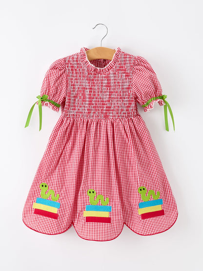 Girls Back To School Worm Plaid Twirl Dress Smocked - - Dress
