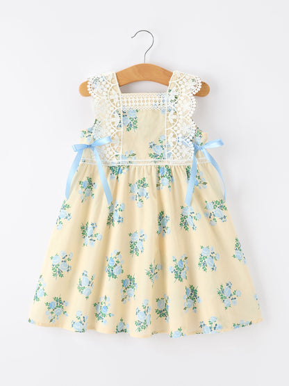 Lace-trimmed Bow Girls' Dress-Pink/Blue - Blue - Dress