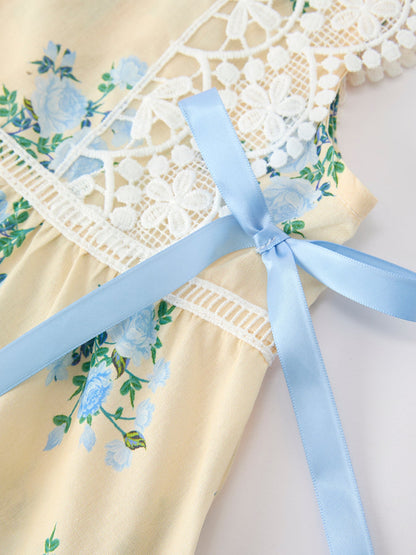 Lace-trimmed Bow Girls' Dress-Pink/Blue - - Dress
