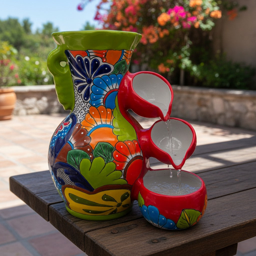 Colorful Green Rim Talavera Fountain Mexican Ceramic Decor - - Talavera Fountain