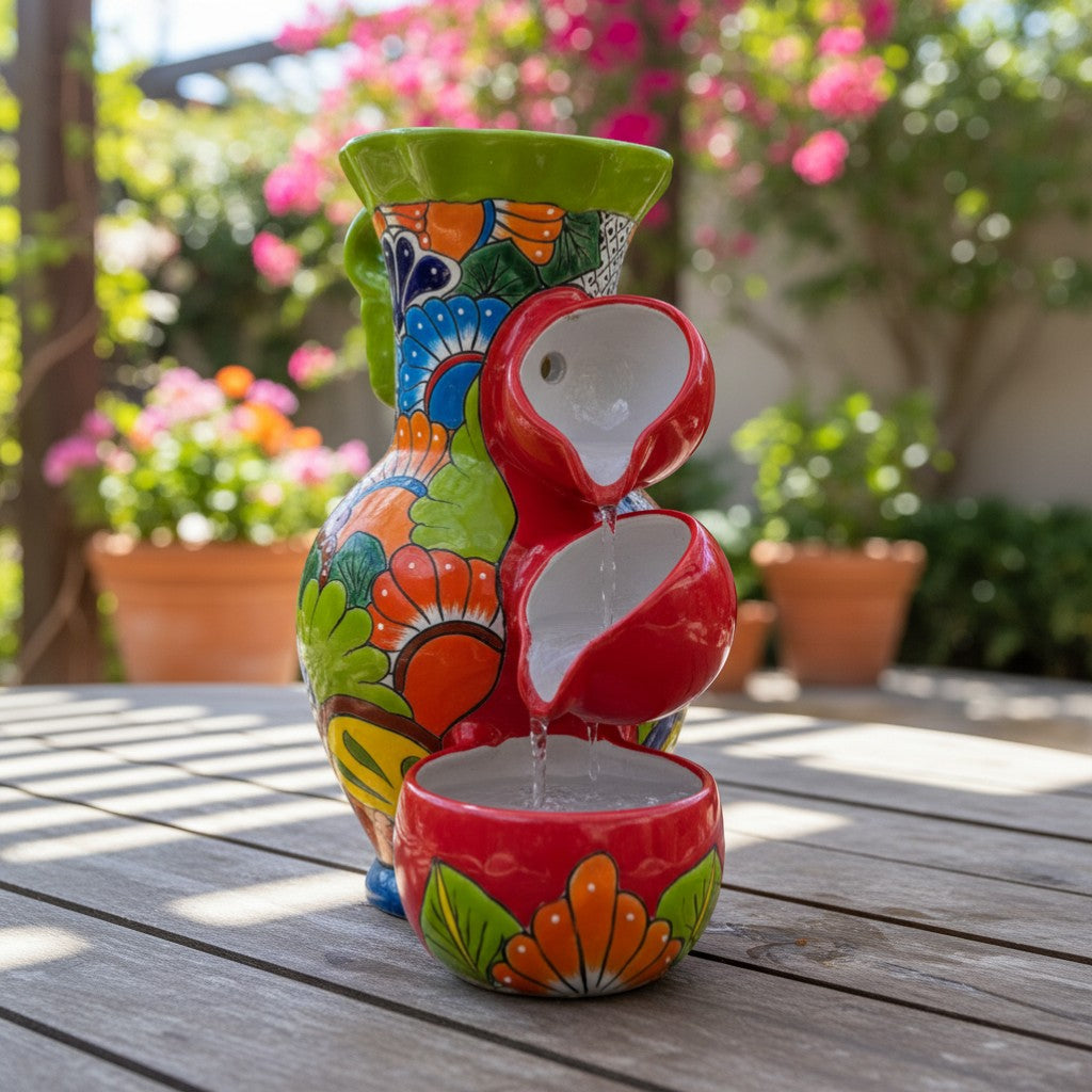 Colorful Green Rim Talavera Fountain Mexican Ceramic Decor - - Talavera Fountain