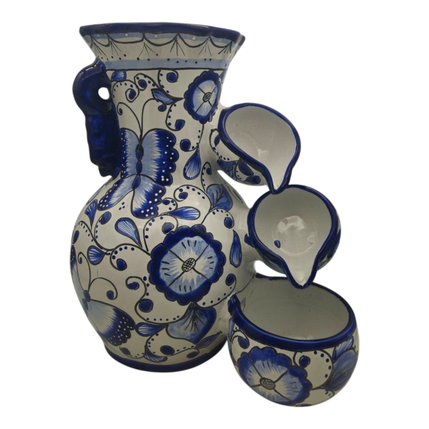 Blue & White Talavera Fountain Handmade Floral Butterfly - - Talavera Fountain