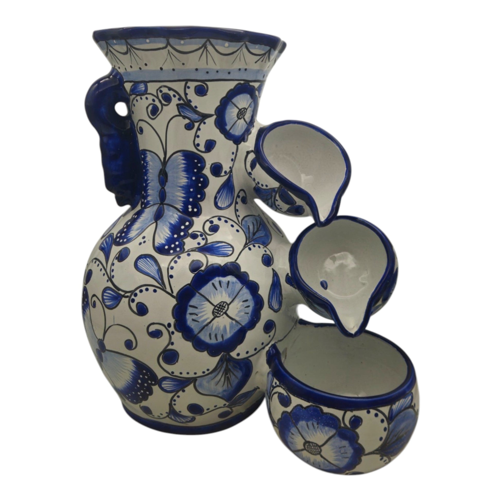 Blue & White Talavera Fountain Handmade Floral Butterfly - - Talavera Fountain