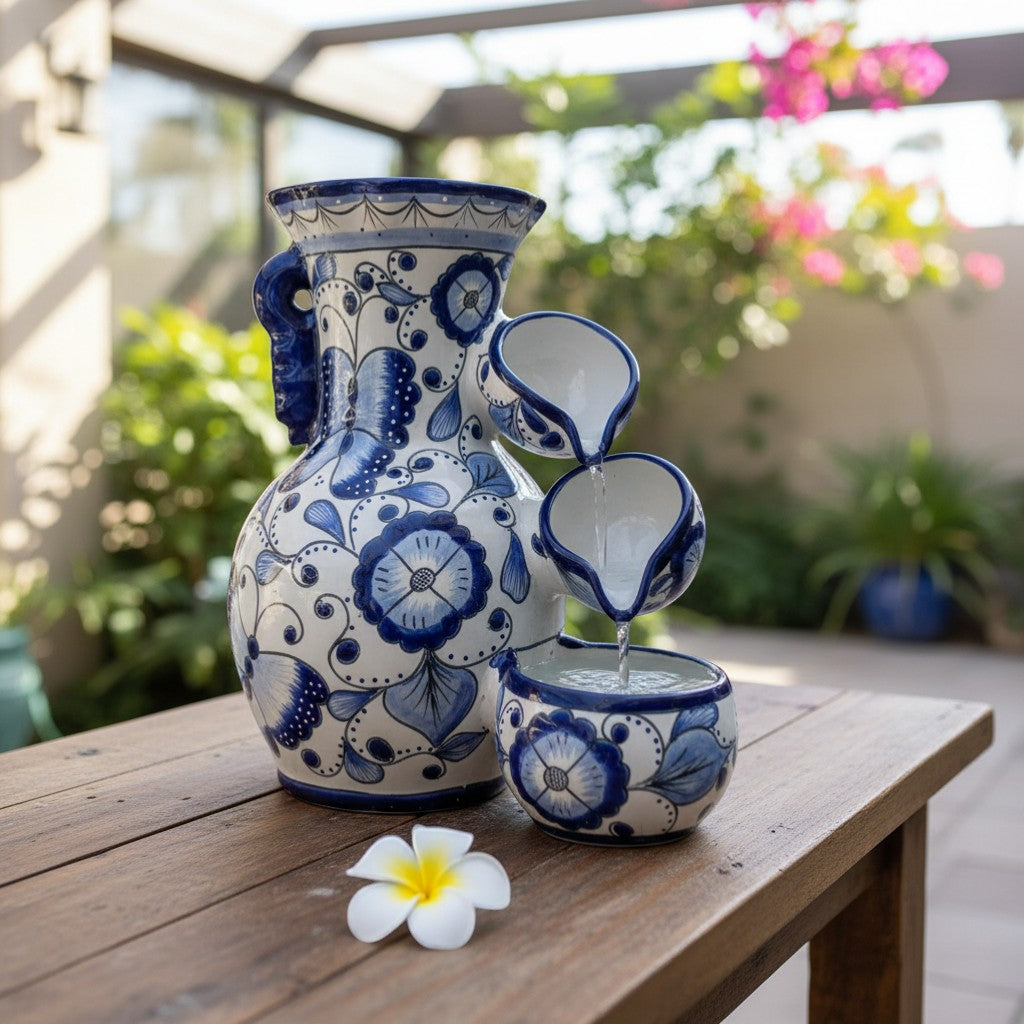 Blue & White Talavera Fountain Handmade Floral Butterfly - - Talavera Fountain