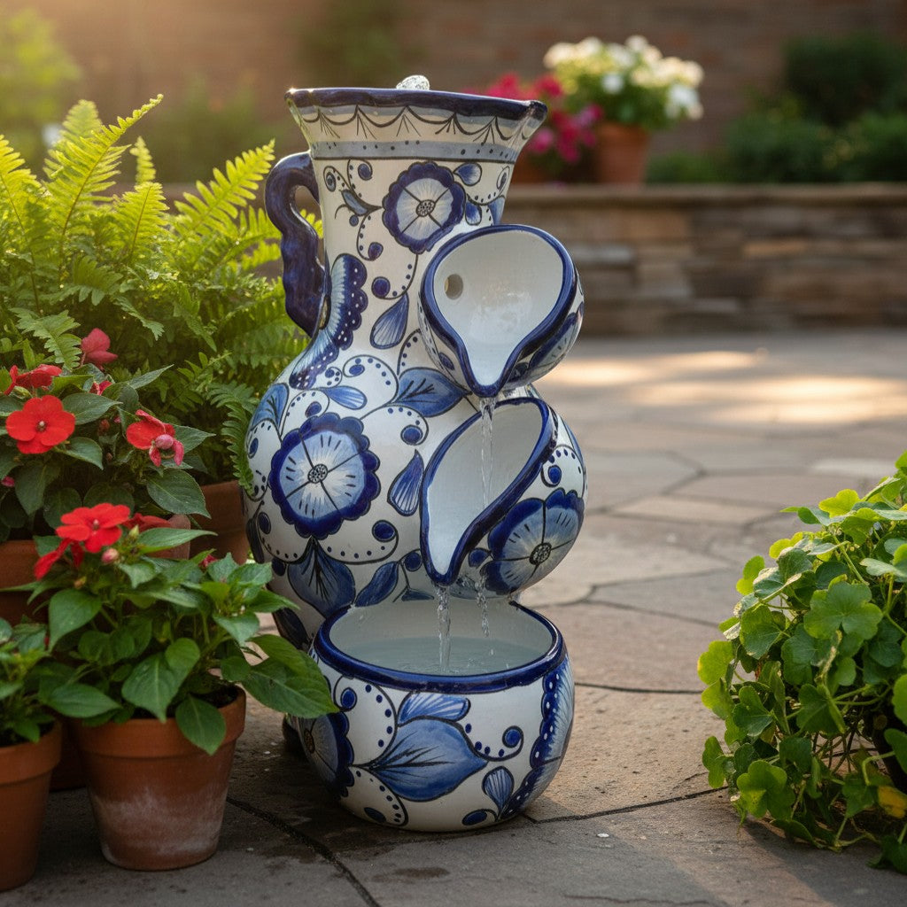 Blue & White Talavera Fountain Handmade Floral Butterfly - - Talavera Fountain