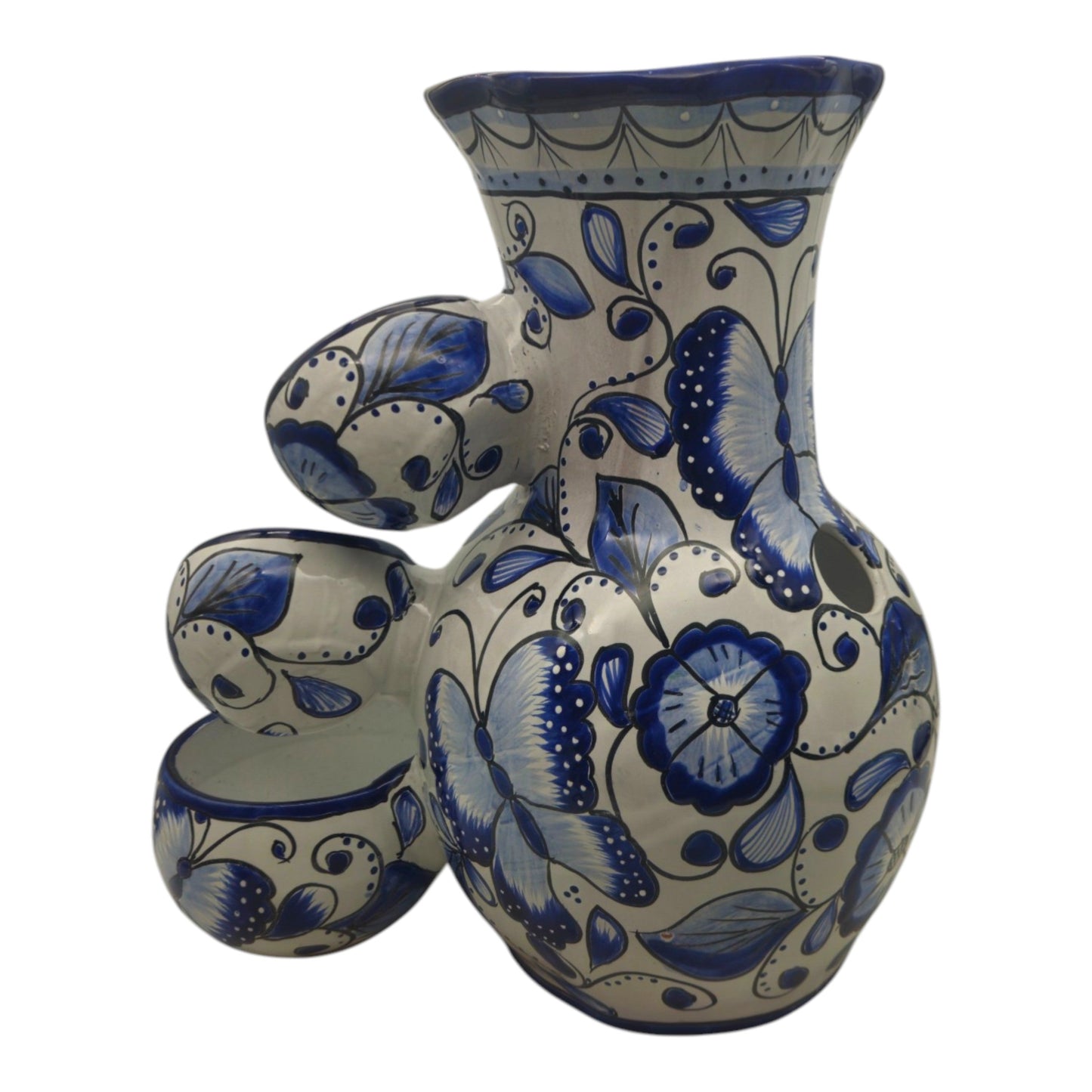 Blue & White Talavera Fountain Handmade Floral Butterfly - - Talavera Fountain