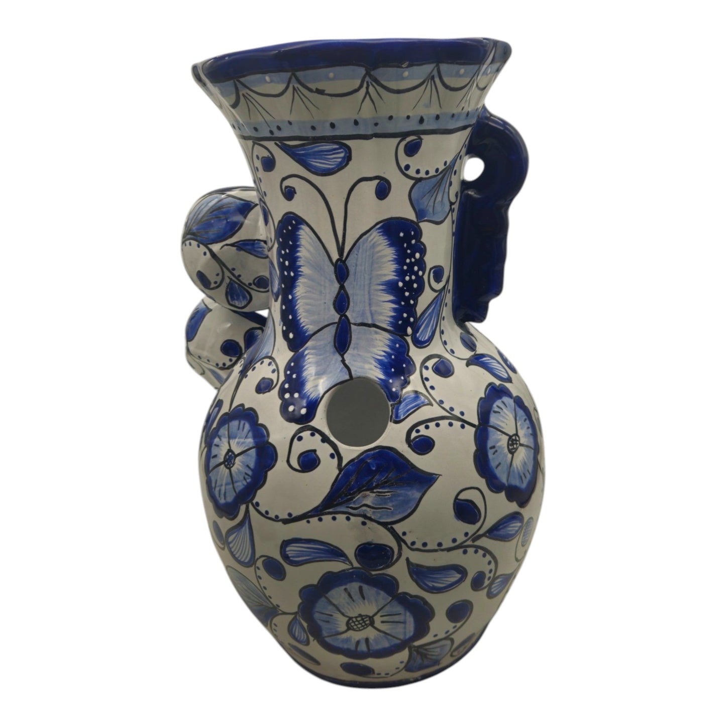 Blue & White Talavera Fountain Handmade Floral Butterfly - - Talavera Fountain